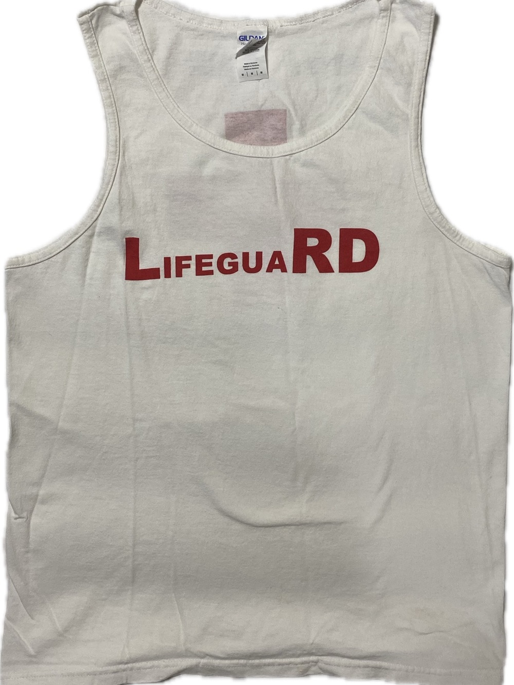 Gildan White Tank Top with Red "Lifeguard" Print